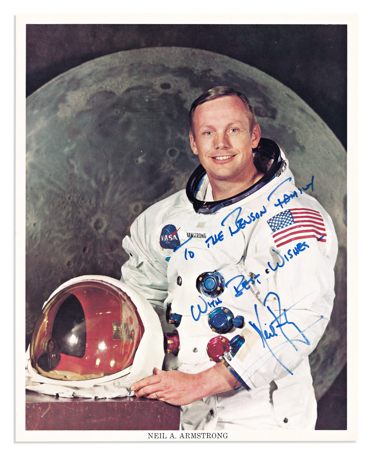 (ASTRONAUTS.) ARMSTRONG, NEIL. Photograph Signed and Inscribed, To the Benson Family / With Best Wishes--, half-length portrait by NA